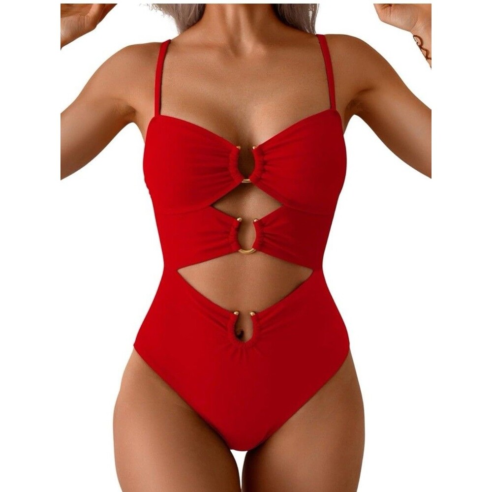 EOMENIE Women's Red Cut-Out One Piece Swimsuit Gold Rings Adjustable Straps, L